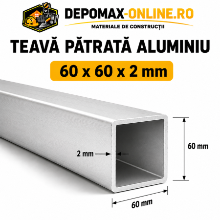 Teava patrata aluminiu 60 x 60 x 2 mm, 6 metri (EN AW-6060)